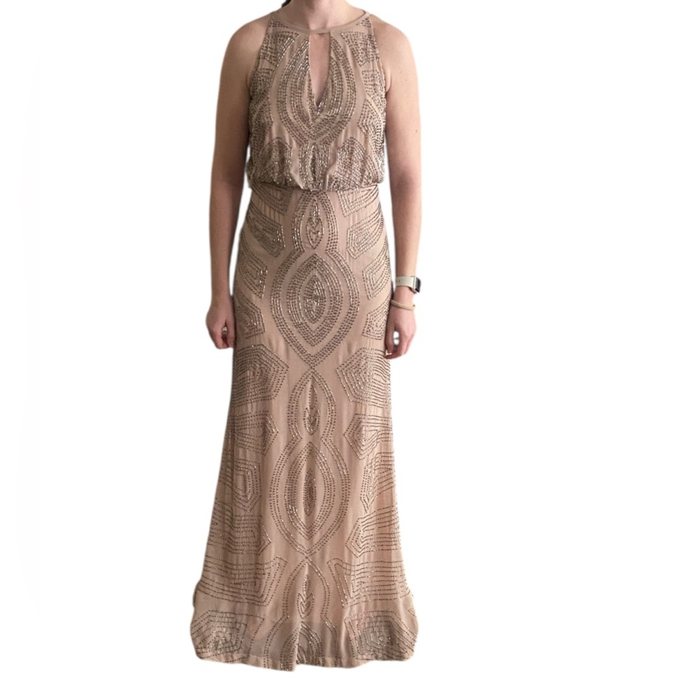 Cache Beaded Blouson Halter Gown in Blush